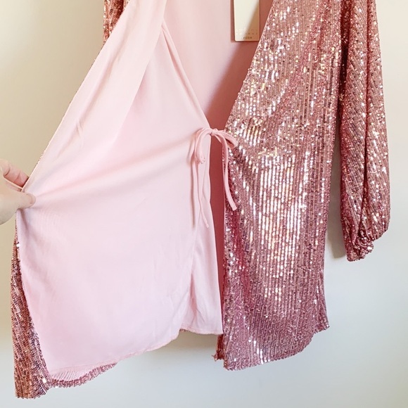 Club L London Pink Sequin long sleeve mini Wrap Dress - Picture 9 of 13